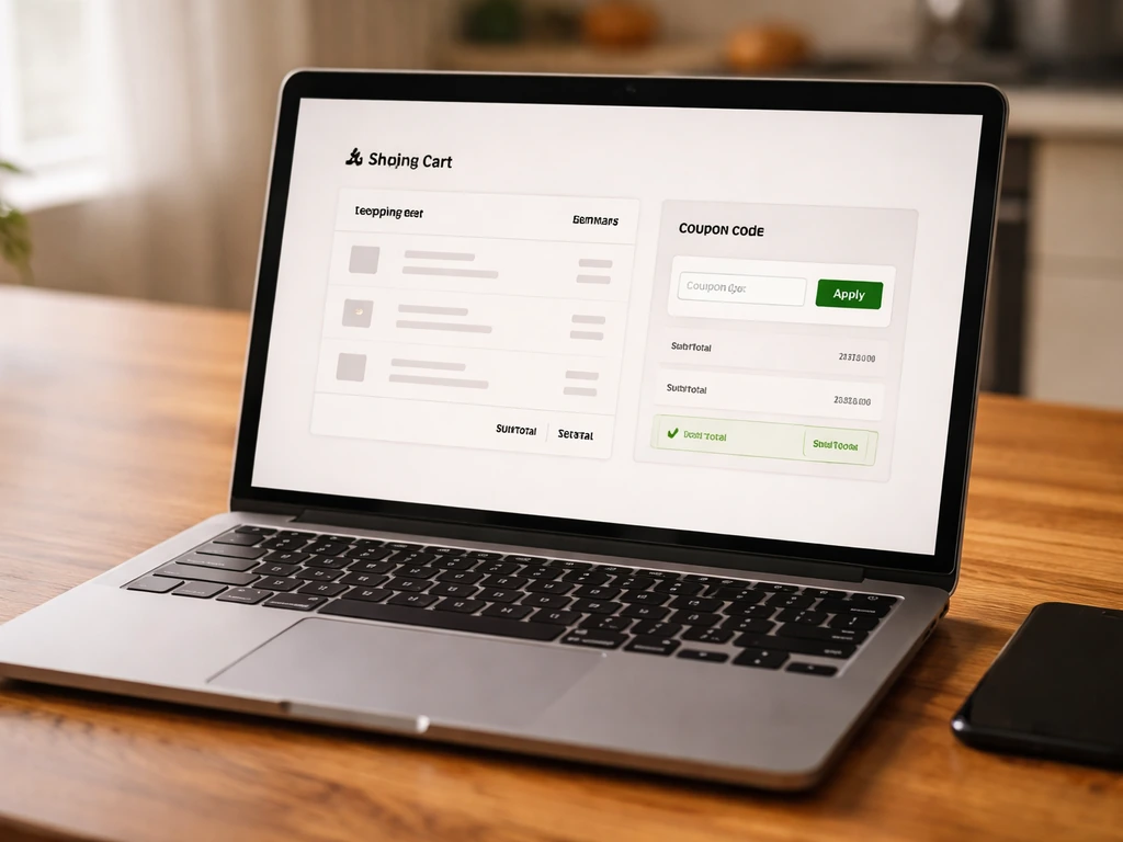 Laptop checkout screen with coupon code field and Apply button, discount confirmation shown, minimal kitchen table scene
