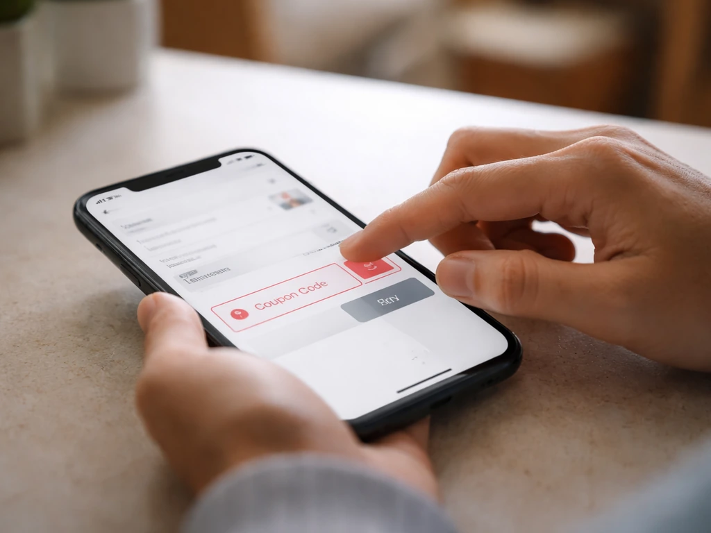 Hands editing a coupon code on a phone checkout screen showing an error state.