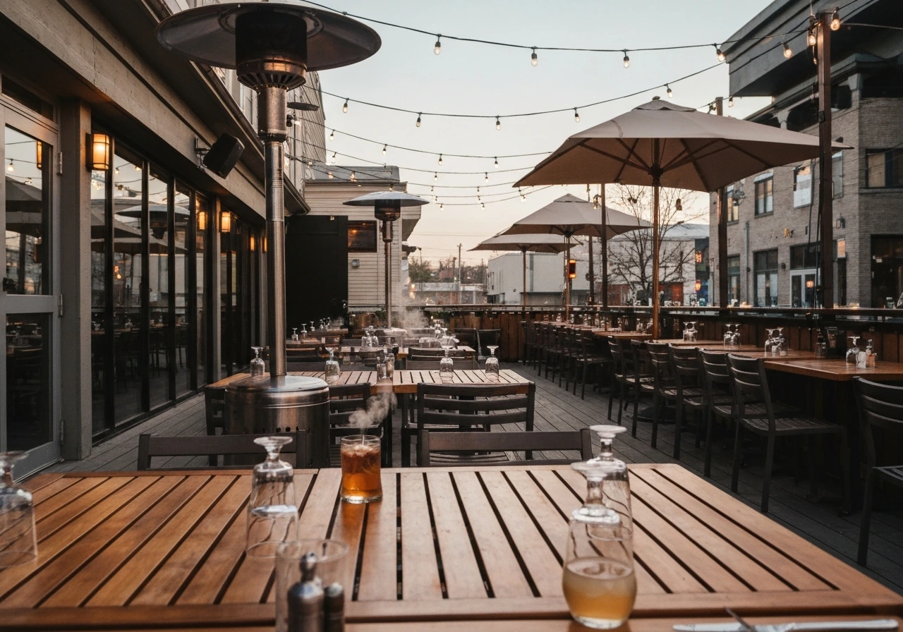 Warm evening view of an inviting outdoor patio with umbrellas, heaters, and drinks on dining tables.