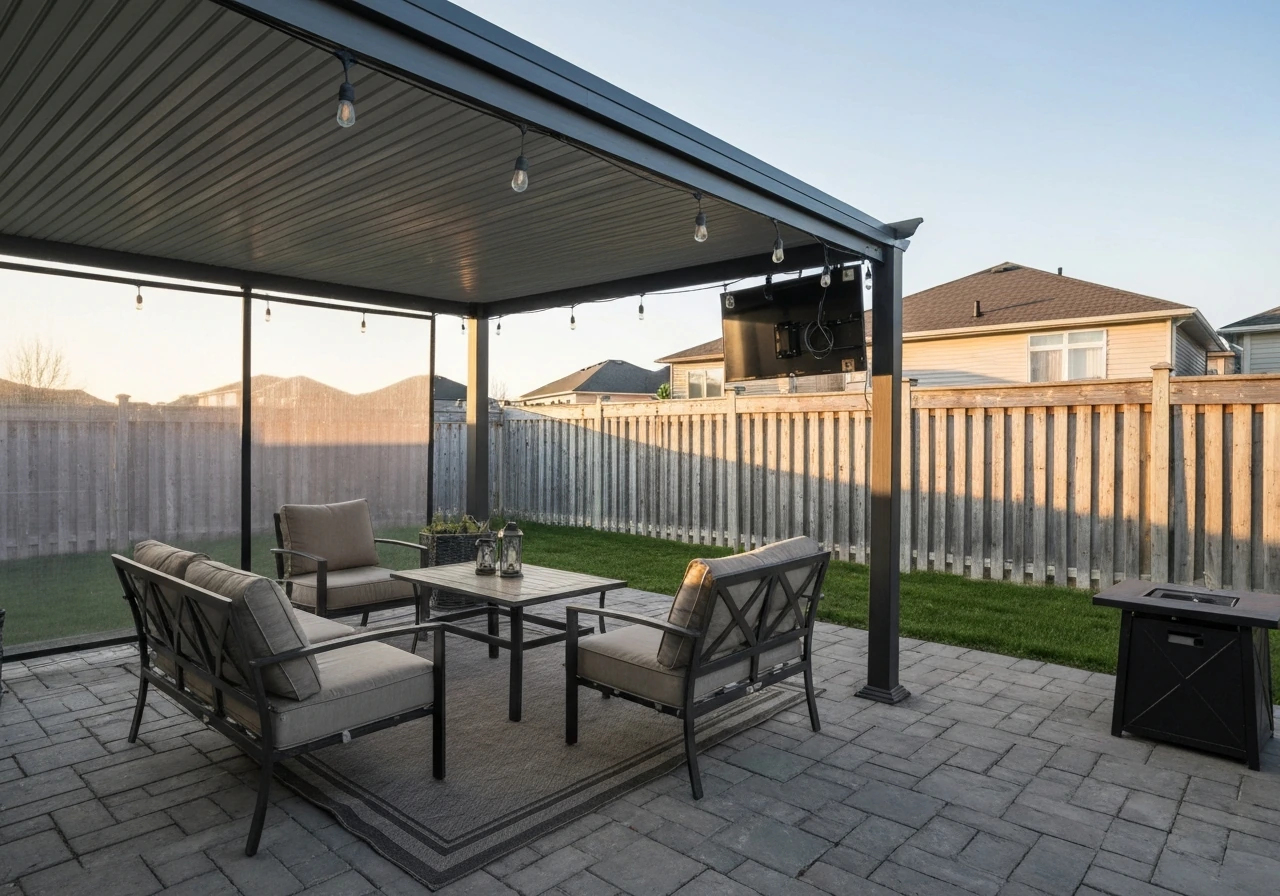 Minimal patio scene with cozy seating, outdoor rug, wind screen, and a covered pergola feel