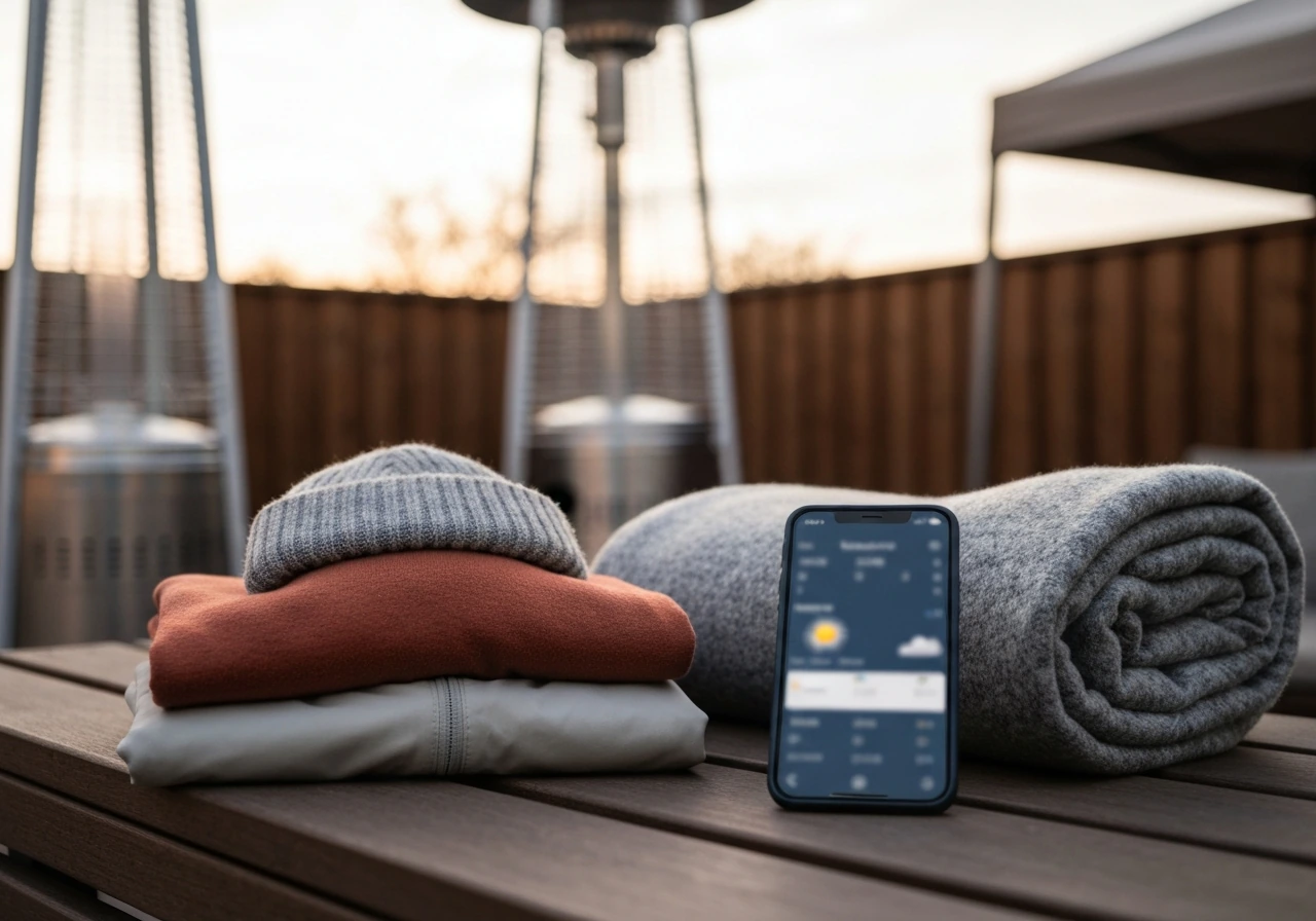 Layered jackets and a blanket beside a phone and patio heater/canopy elements on a quiet patio.