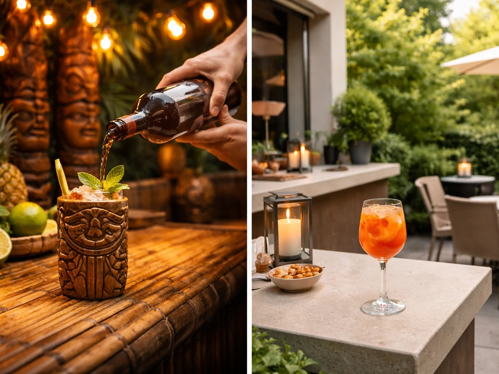 Split image of tiki rum-cocktail ritual vs a casual patio bar dining scene, both outdoors.