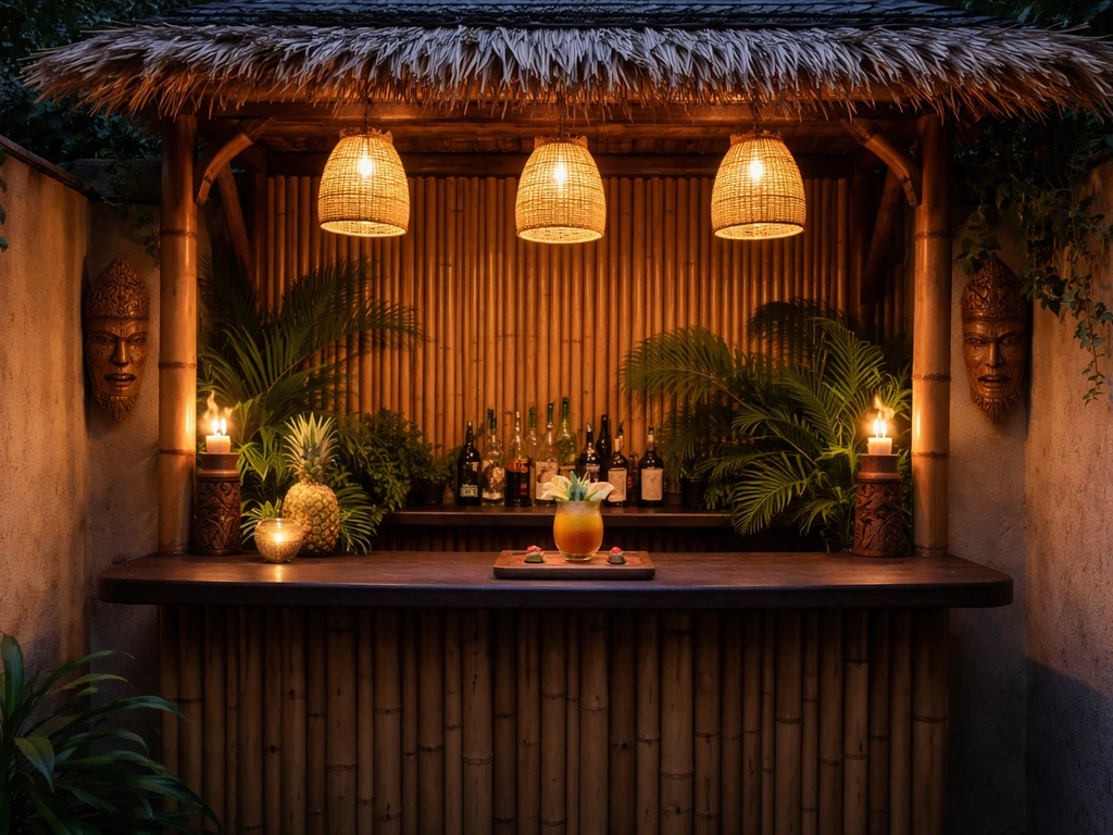 Cozy tiki-style bar with bamboo decor and a tray of tropical drinks for a tiki reunion vibe