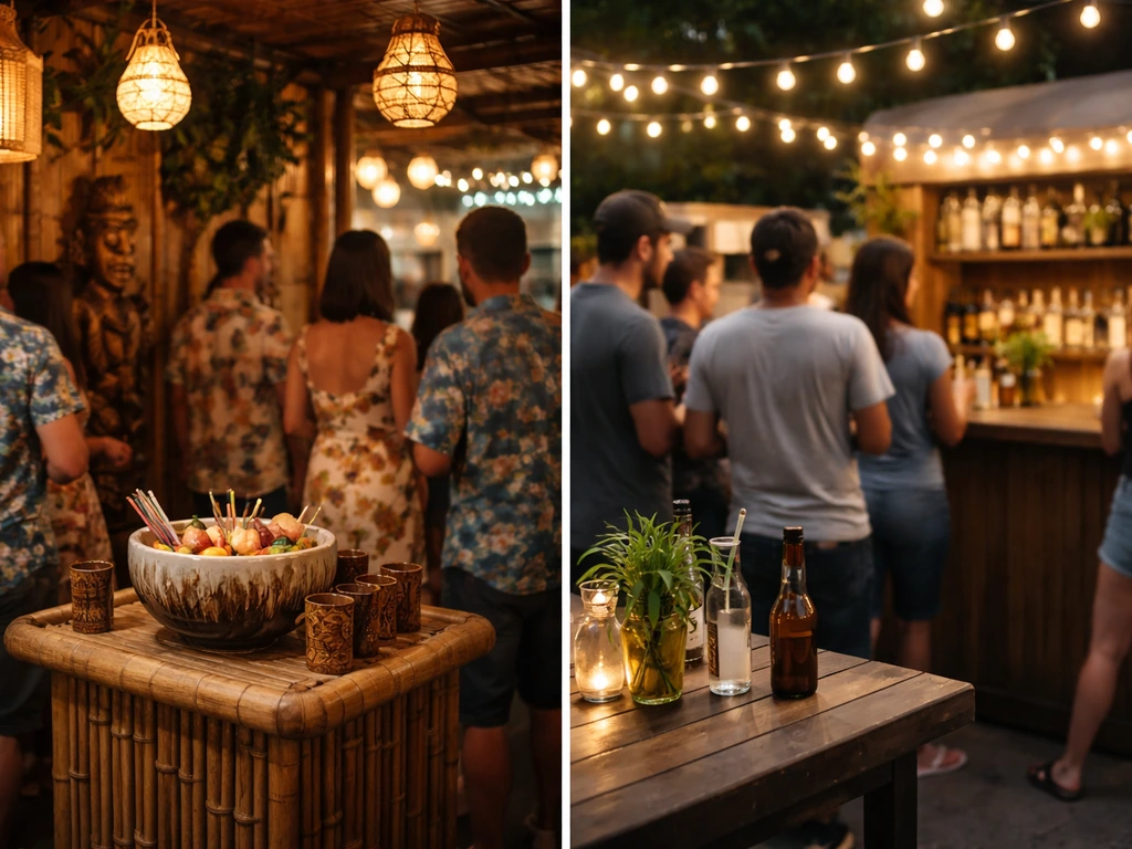 Tiki reunion with bamboo decor and rum punch bowl beside a simple patio bar setting, contrasting vibes