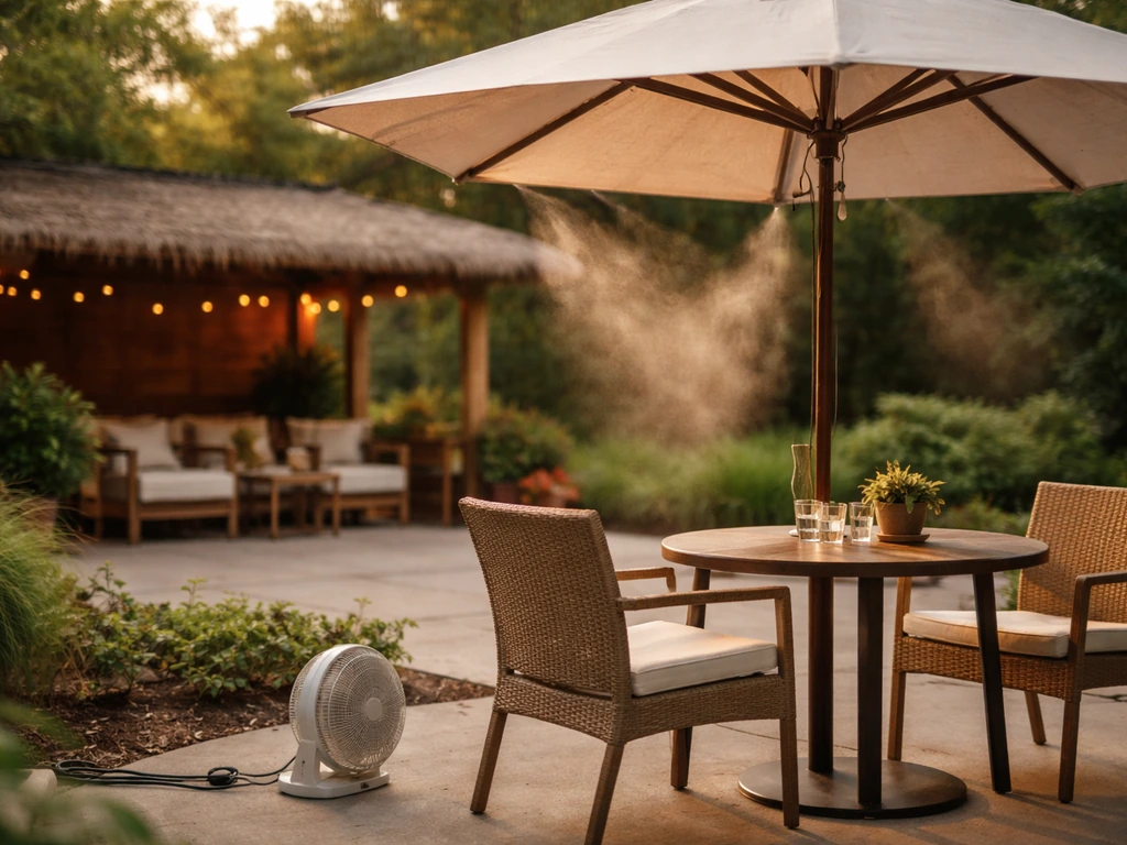 Outdoor patio seating with umbrella shade and a nearby covered lounge area for warm July comfort
