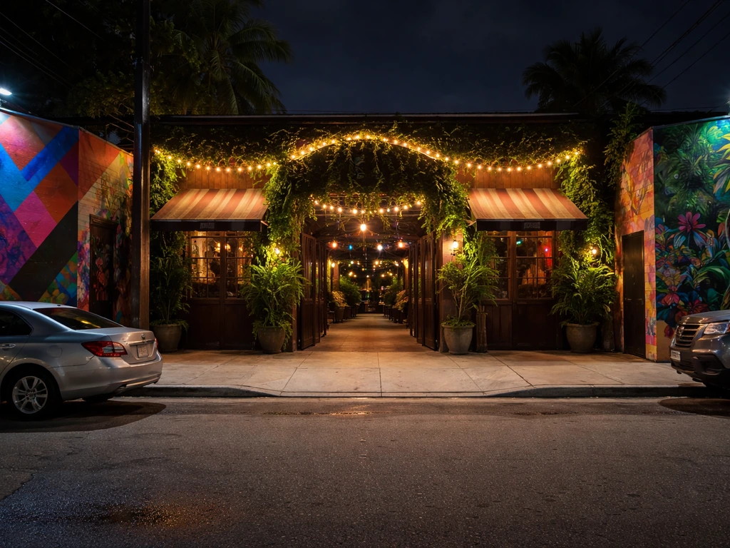 Street-level view of El Patio Wynwood at 167 NW 23rd Street in Wynwood, with colorful murals and entrance visible.