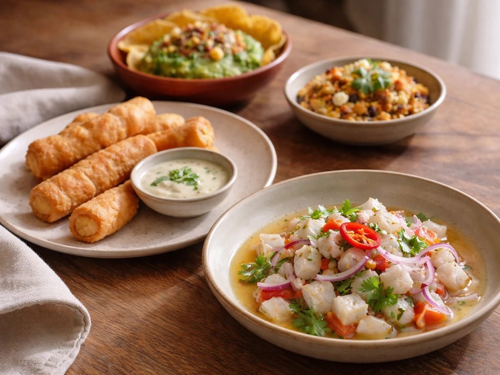 Several Latin street-food starter plates, including fish ceviche and tequeños, neatly laid out for sharing.