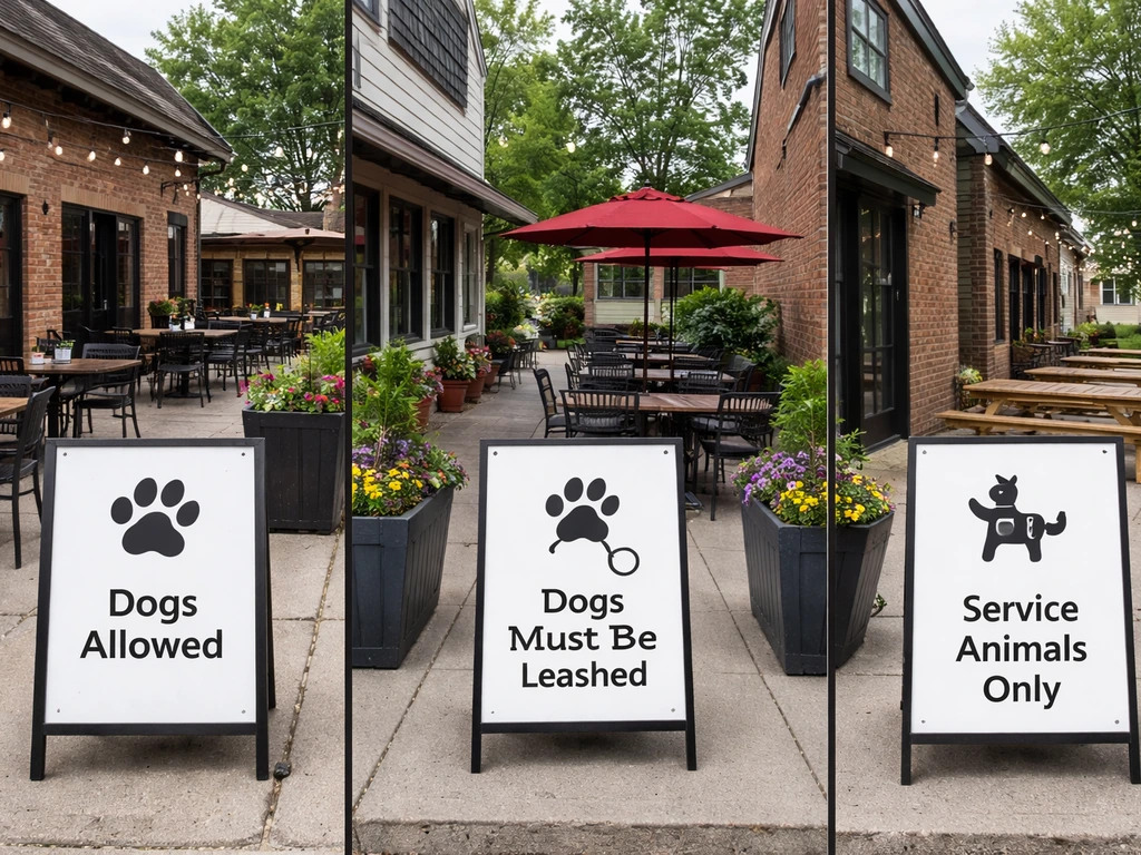 Three Michigan patios side-by-side, each with a generic pet/dog rule sign and empty outdoor seating.