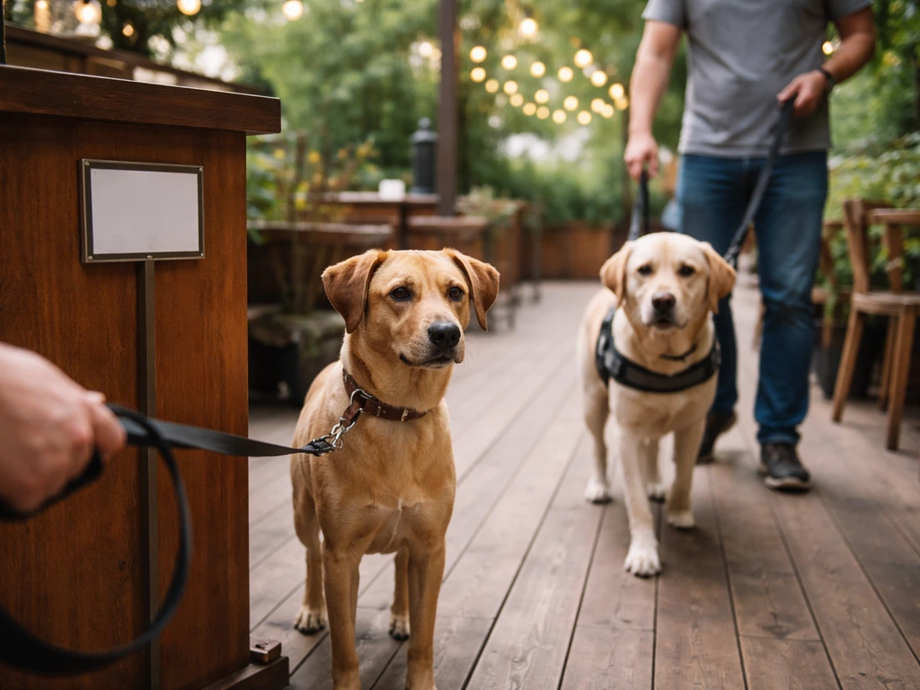 Leashed dog on a quiet patio near a host stand, with an additional calm service-animal etiquette moment.