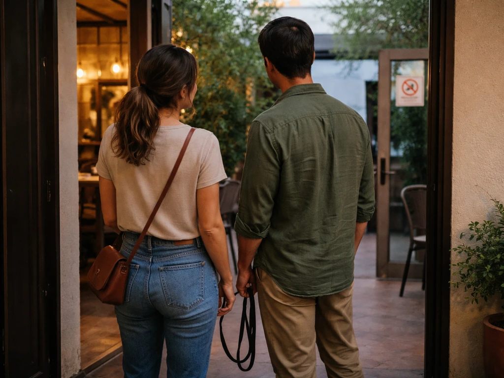 Polite conversation at a restaurant patio door where a no-pets sign is present, with a leash held calmly.