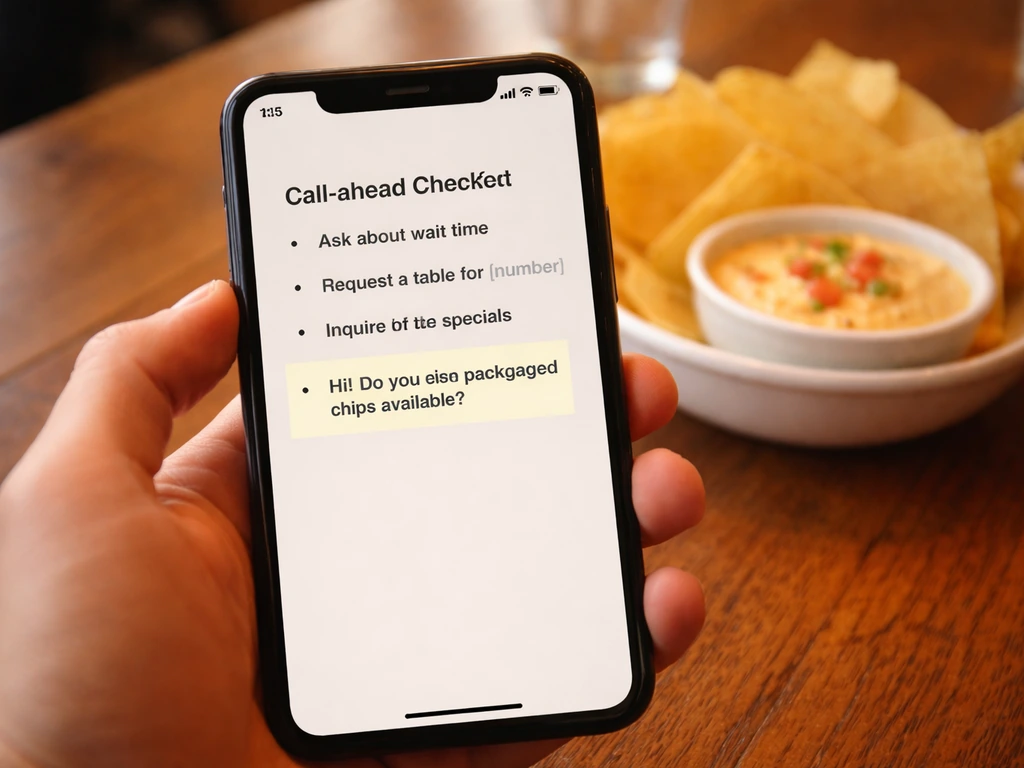 Hand holding a smartphone with a generic call-ahead checklist, with chips and queso blurred in background.
