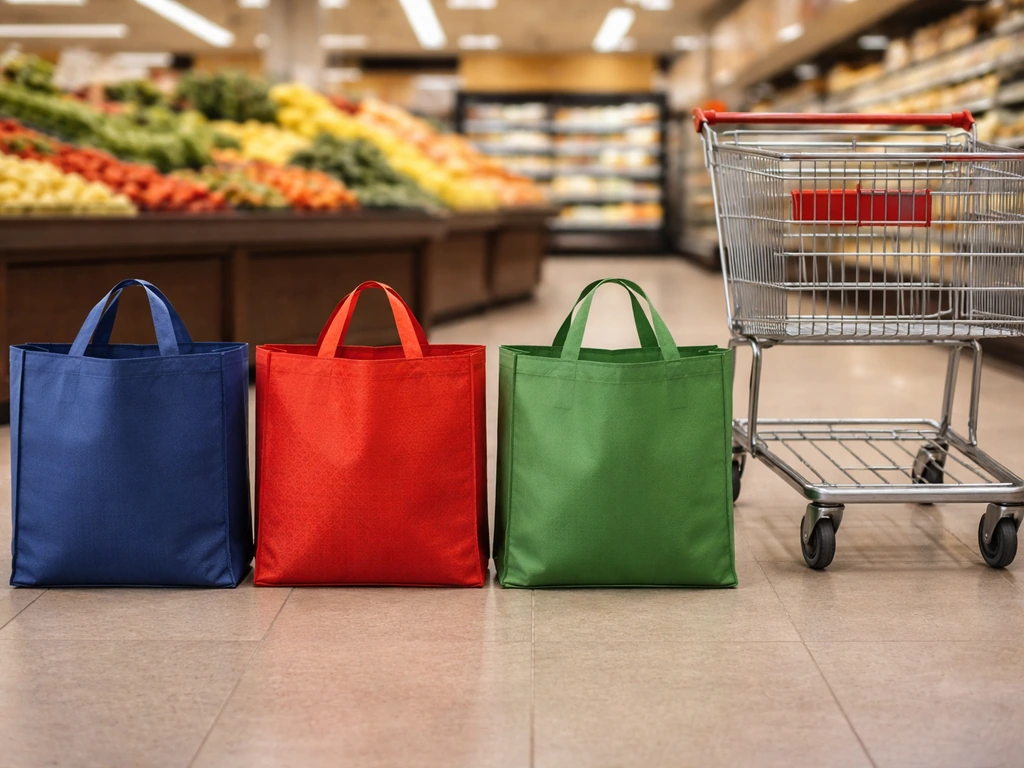 Three generic grocery bags and a cart side-by-side near produce, suggesting backup retailer options.
