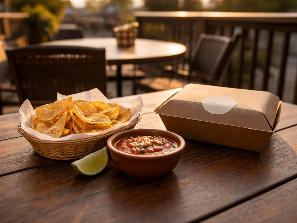 Tortilla chips and salsa on an outdoor patio table with an unbranded to-go package beside it.