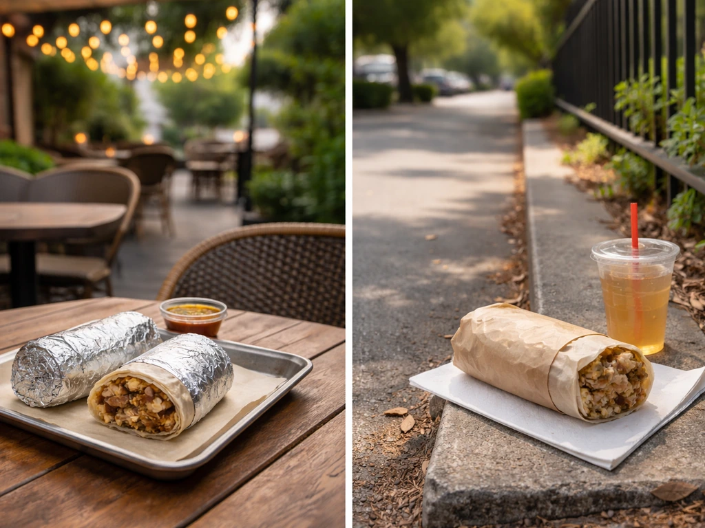 Two simple outdoor patio dining scenes suggesting different meanings of “patio burritos.”