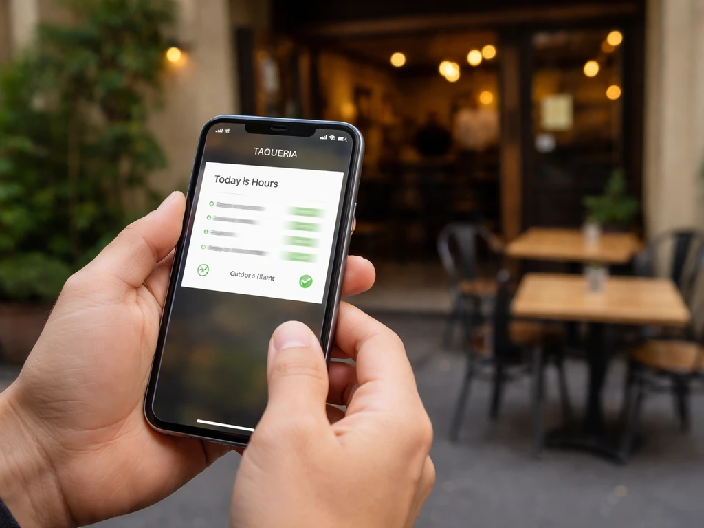 Person checking a phone showing taqueria hours and outdoor seating while outside near a patio entrance.