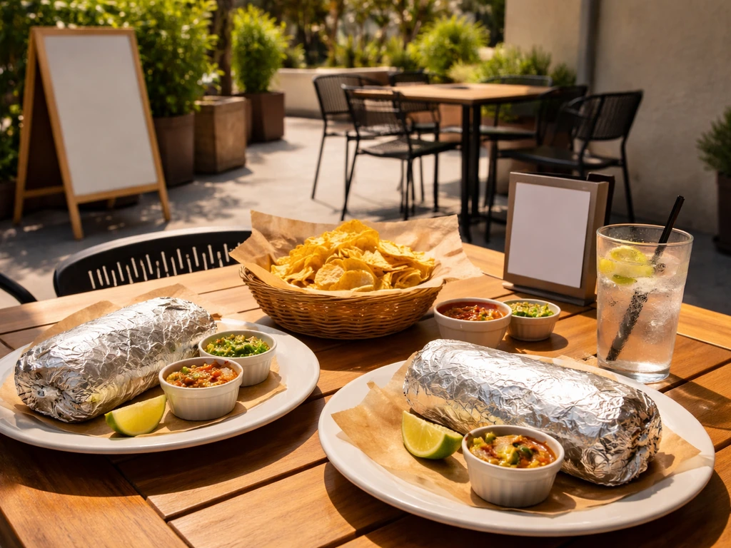 Outdoor patio table with burritos and a generic specials board during peak weekday lunch.
