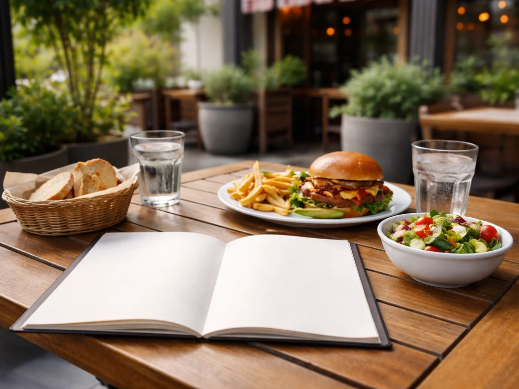 Outdoor patio table with a menu and fresh dishes set for casual Reasor’s Grill-style dining.