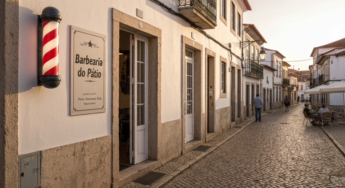 Street-facing view of Barbearia do Pátio storefront on a cobbled village street in Colares, Portugal, with a barber pole and nearby outdoor café seating.