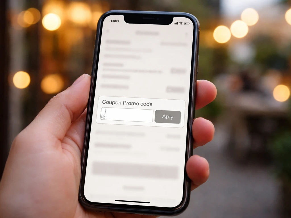 Hand holding a smartphone showing a generic promo code input while ordering for an outdoor patio.