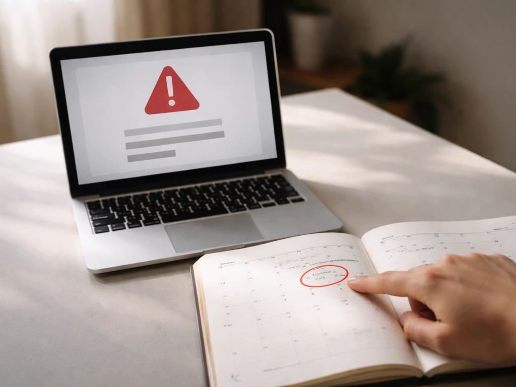 Hand points at an open calendar beside a laptop showing a generic checkout error warning.