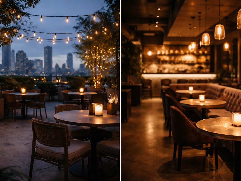 Split view of a city patio at dusk versus a warm indoor lounge with cozy seating.