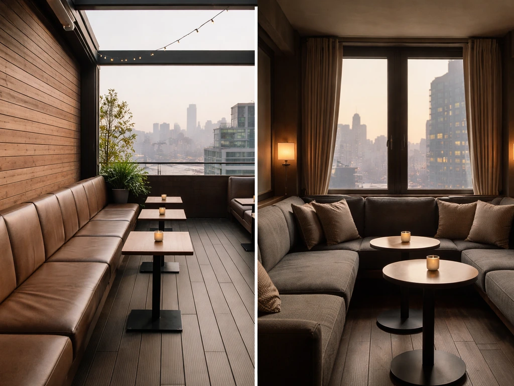 Outdoor patio with wood panels and leather banquettes contrasted with an indoor lounge window nook seating area.