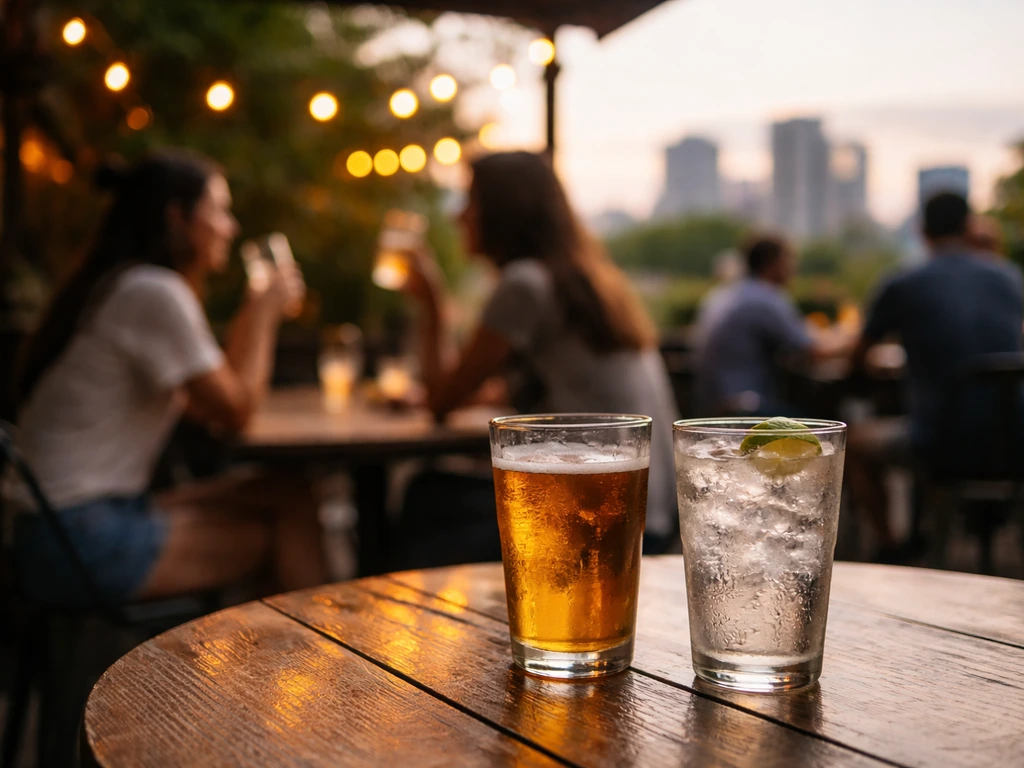Late-afternoon patio with two friends chatting over drinks, skyline glow, warm lighting and lively ambience