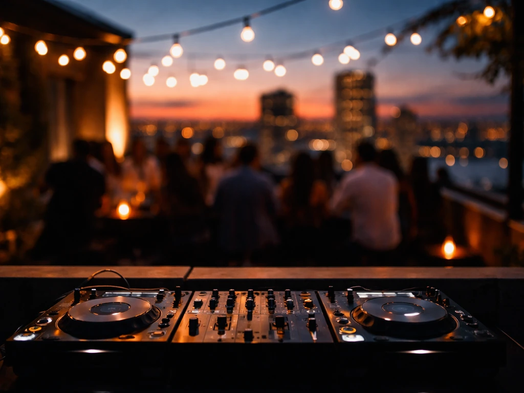 Dusk terrace DJ booth with warm lights and a skyline view behind blurred, anonymous guests.