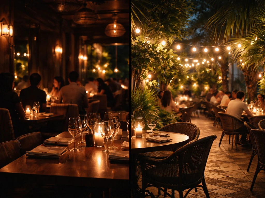 Split night scene of moody indoor dining and lush retro tropical patio with ambient lights