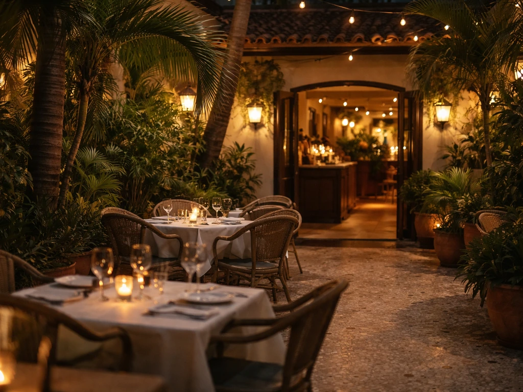Warm night view of Carbone Miami’s retro tropical courtyard patio with empty indoor doorway beyond.