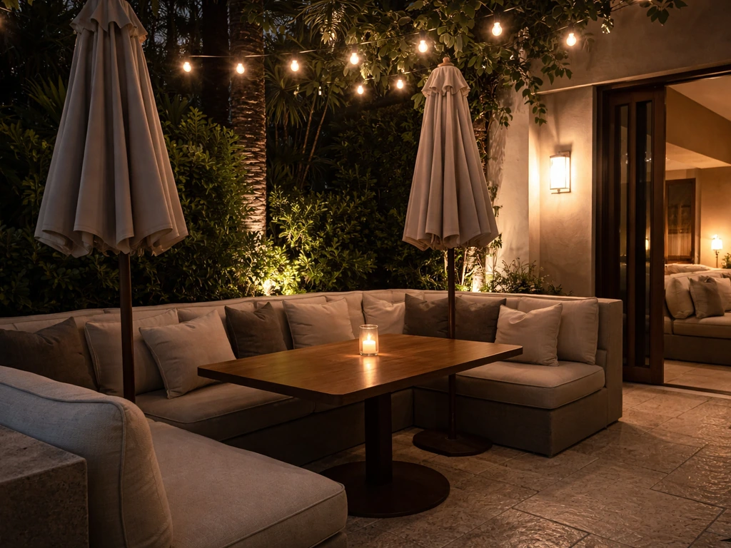 Warm-lit Miami patio at night with shaded umbrellas and comfortable outdoor seating near indoor dining area.