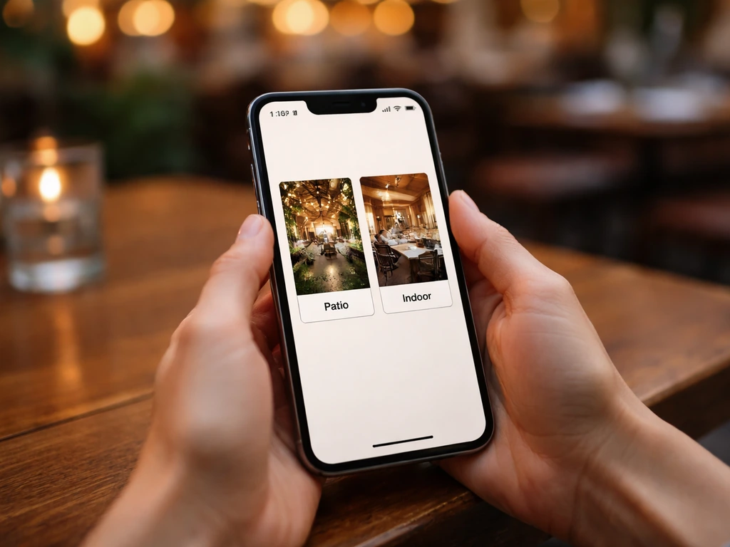 Person booking a restaurant reservation on a smartphone, with a simple patio vs indoor selection cue on screen.