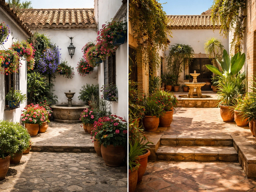 Split patios evoking Córdoba, Spain and Córdoba, Argentina connected by a subtle shared path motif.