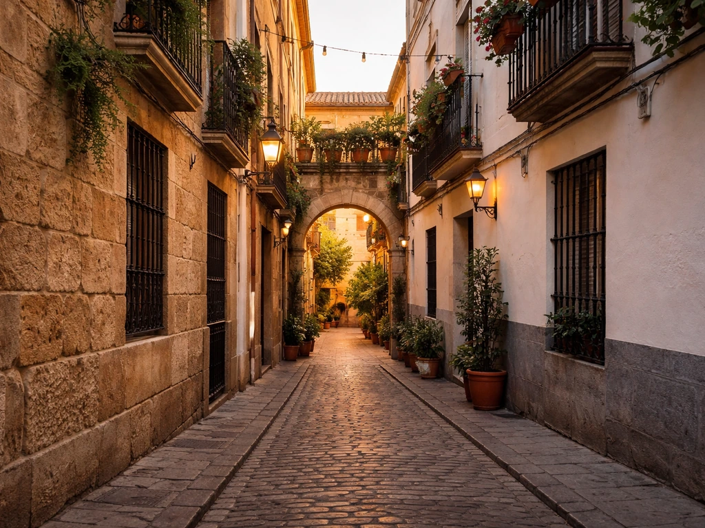 Cobbled historic street in Córdoba leading to an arched courtyard entrance with warm lantern light