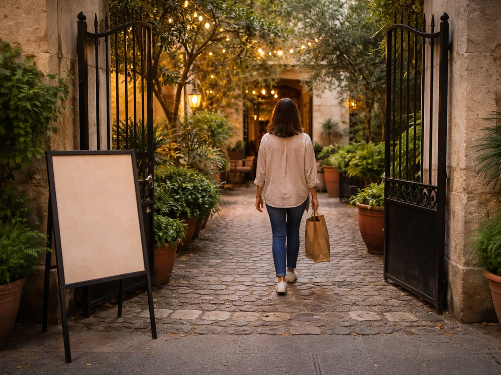 Visitor walks through an open courtyard gate into a small patio area, implying free entry/no tickets needed.