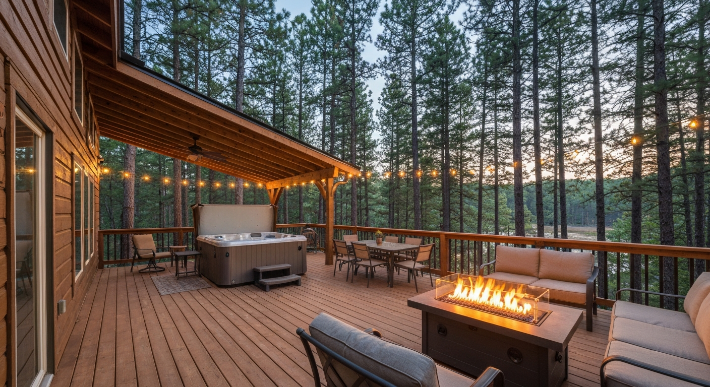 Evening view of a cabin deck with a hot tub, lit gas fire pit, covered seating and string lights overlooking a pine forest.