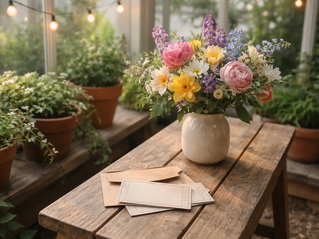 Fresh flowers and a patio greenhouse with blank tickets suggesting discount savings for an event