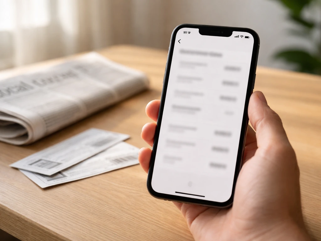 Minimal photo of a mobile screen with a promo code listing for an event, surrounded by newspapers and a ticket.