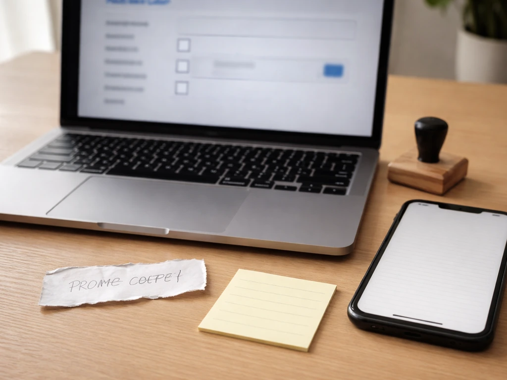 Desk setup with laptop promo code field and blank checklist cues for troubleshooting common promo code issues.