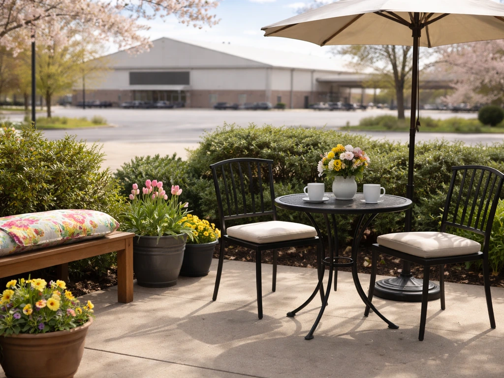 Neatly staged spring patio seating with potted flowers, with a softly blurred event center nearby.