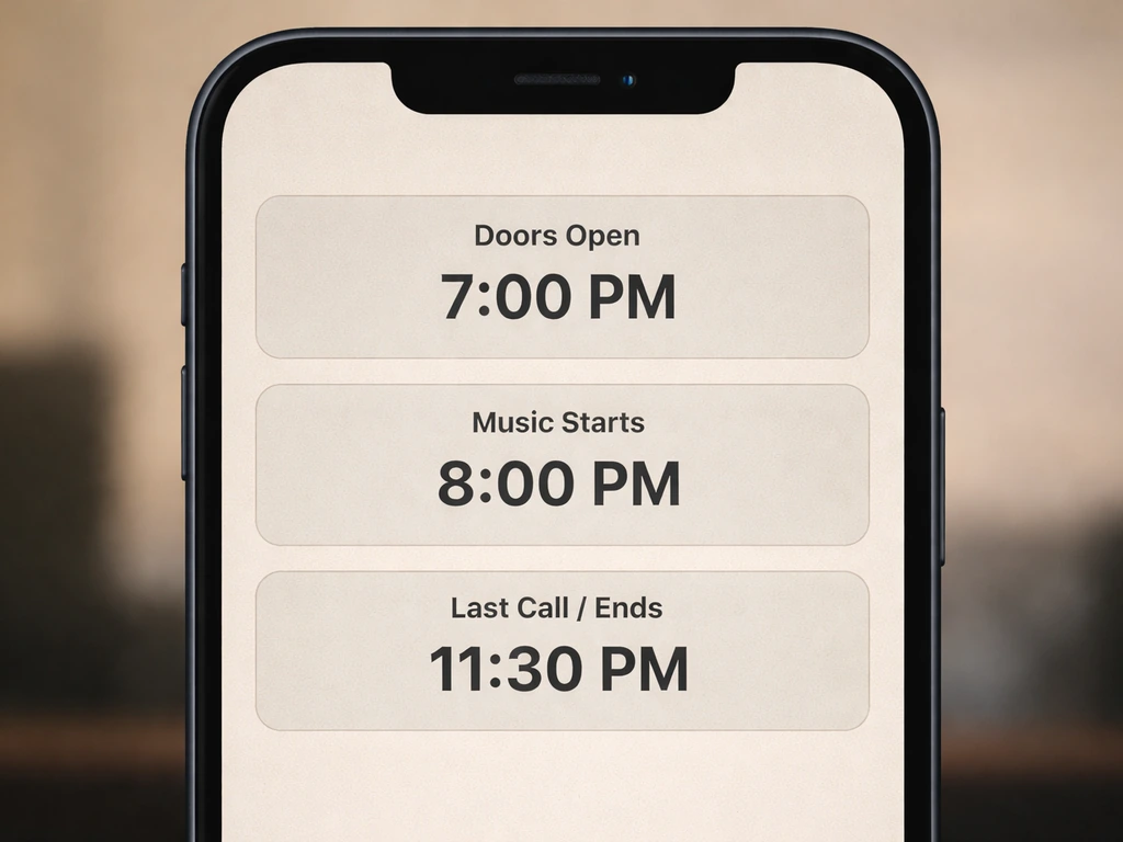 Smartphone screen showing an official venue schedule with doors open, music start, and end/last-call time.