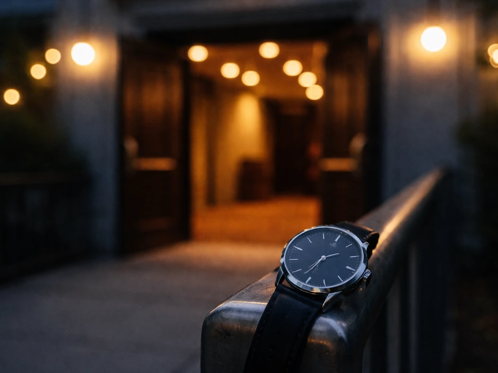 Empty theater entrance doors at dusk with a wristwatch on a nearby handrail, symbolizing event start times.