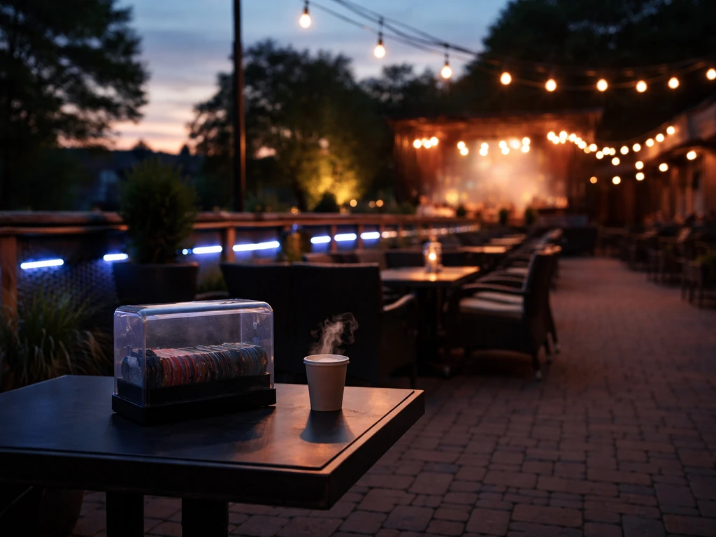 Empty outdoor patio at dusk with warm and bluish lighting suggesting an event’s timeline stages.
