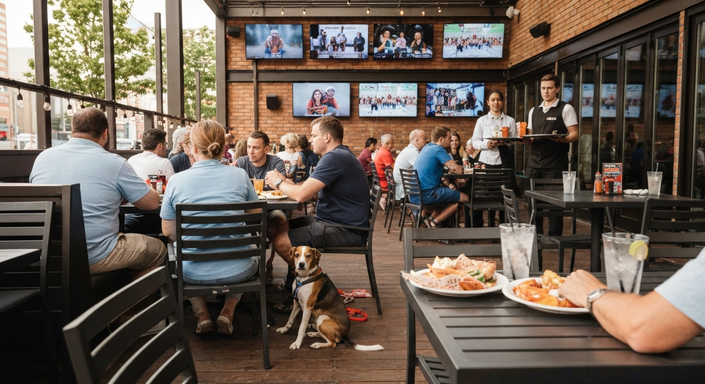 Person with dog on a casual outdoor restaurant patio with TVs in the background.