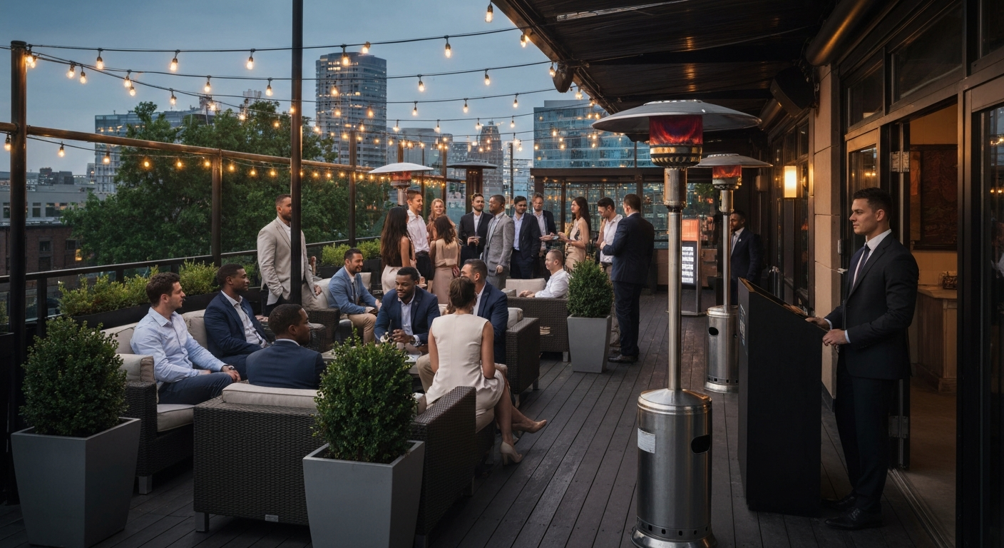 Outdoor nightclub patio at dusk with well-dressed guests under string lights, terrace seating, and a host stand—evoking smart-casual to dressy attire.