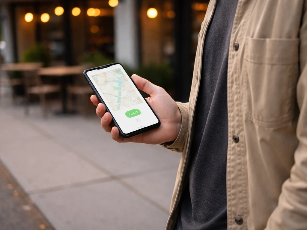 Person holding a phone showing a venue’s open status while standing outside a Calgary patio