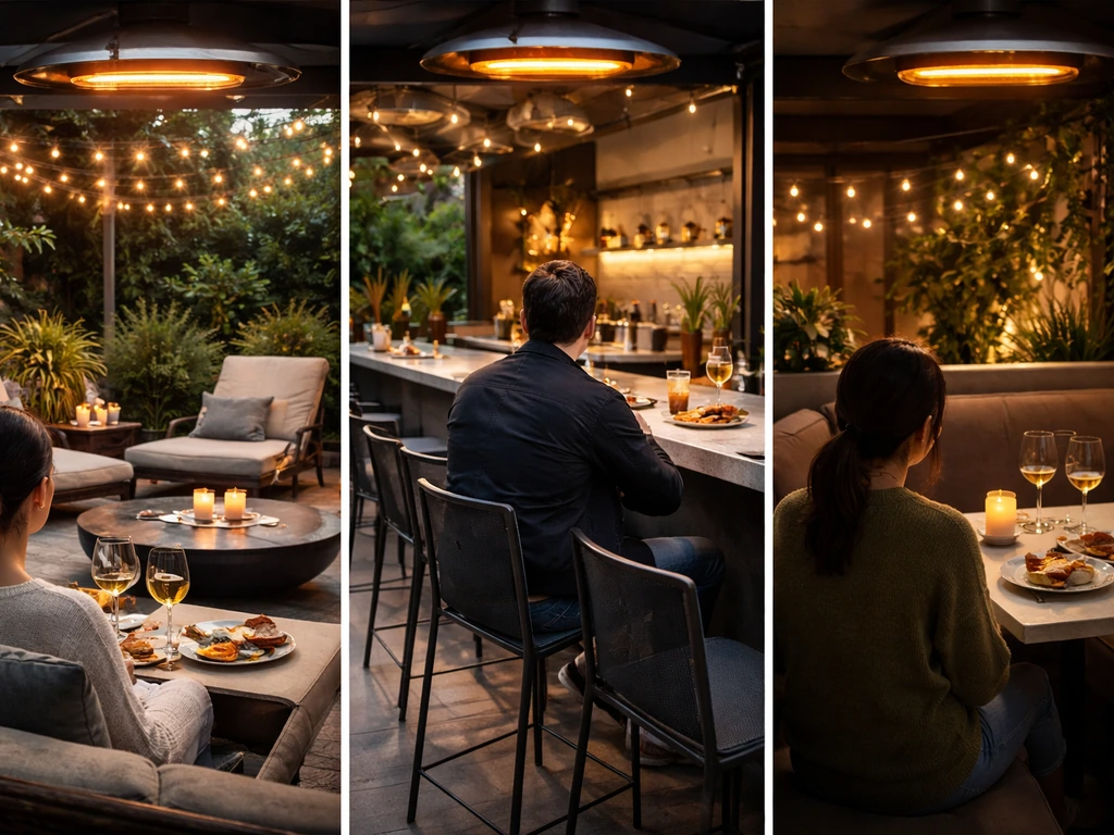 Three patio seating styles side-by-side: loungers, bar stools, and booths with visible heaters.