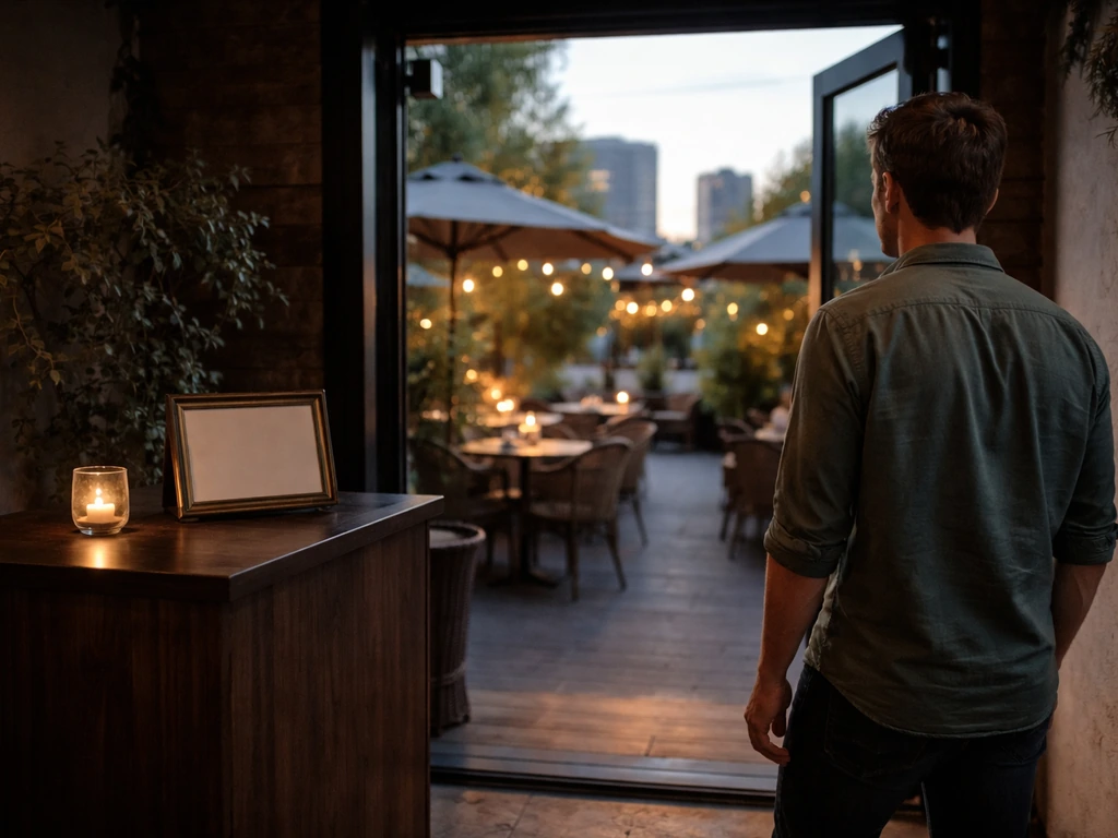 Anonymous patron at a Calgary patio entrance, choosing between host stand reservations and walk-in entry