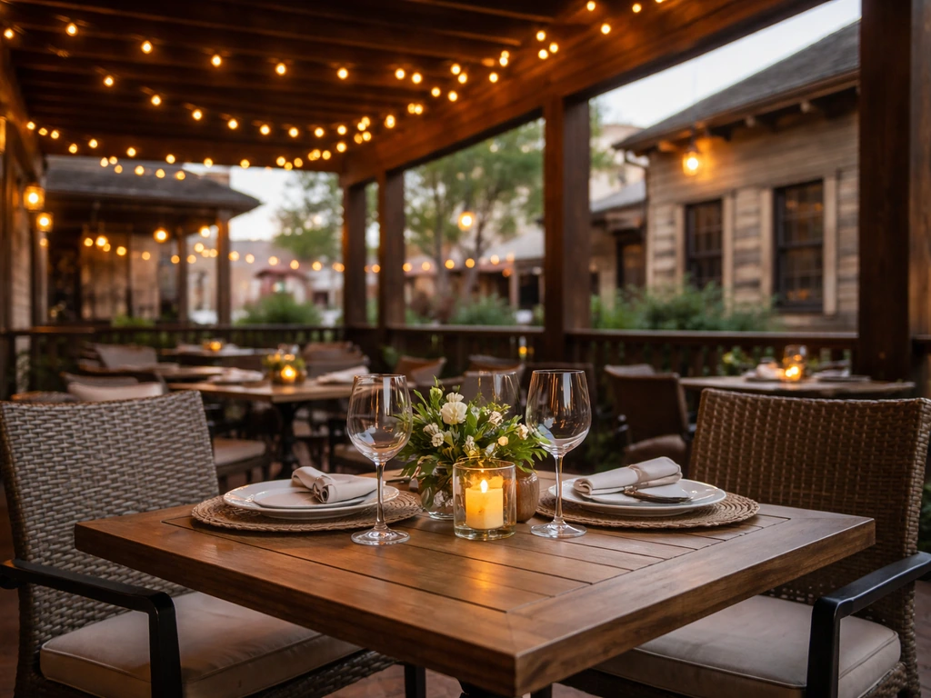 Polished covered patio dining set-up with warm lights and rustic Stockyards-style ambiance