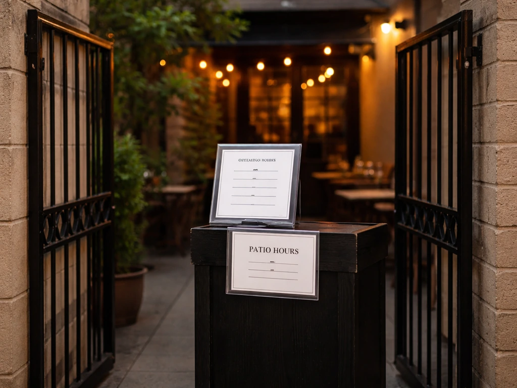 Venue entrance and host stand with clearly visible hours and patio-hours signage.